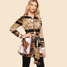 Shein Leopard Print Self Belted Shirt