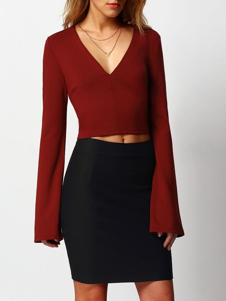Shein Burgundy V Neck Crop Blouse