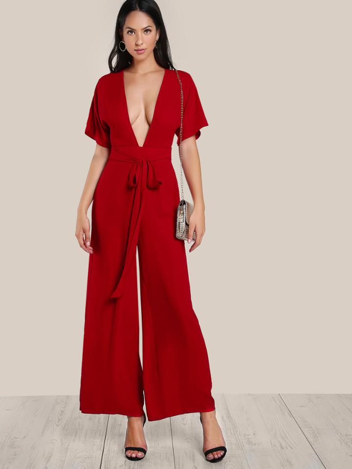 Shein Self Tie Plunge Neck Kimono Sleeve Palazzo Jumpsuit