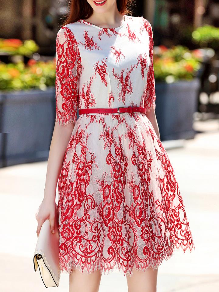 Shein Red Gauze Embroidered Belted A-line Dress