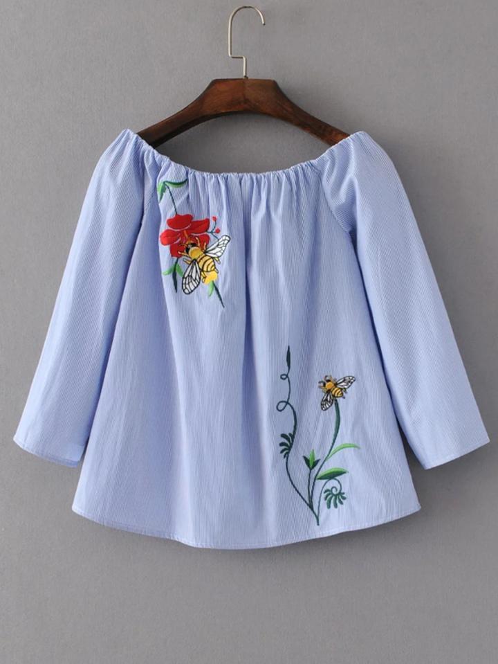 Shein Boat Neckline Raglan Sleeve Pinstripe Blouse