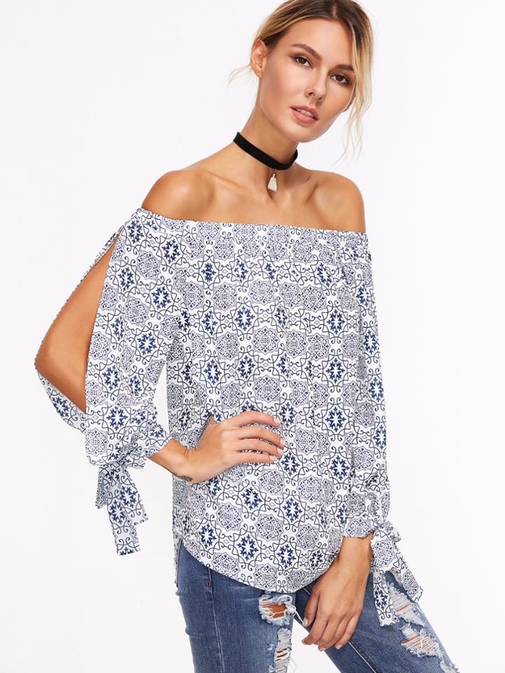 Shein Ornate Print Off The Shoulder Tied Split Sleeve Top