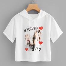 Shein Figure & Letter Print Crop Hooded Sweatshirt