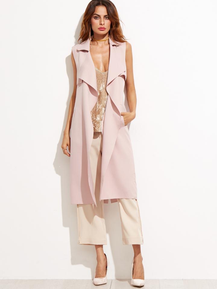 Shein Pink Lapel Sleeveless Long Coat