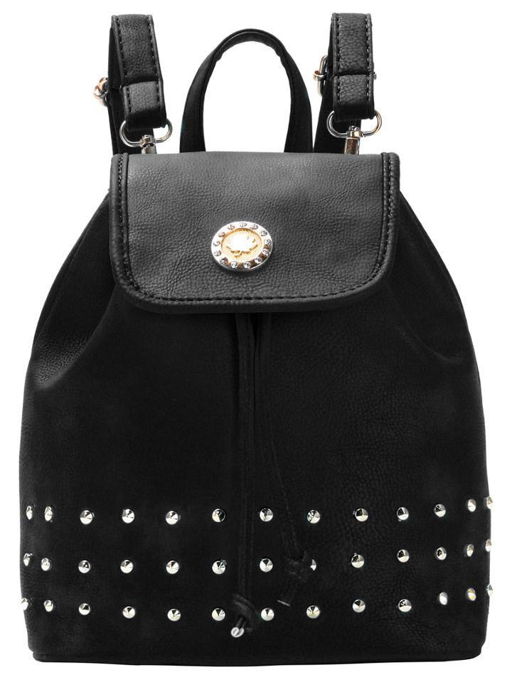 Shein Metal Plate Embellished Flap Studded Backpack - Black