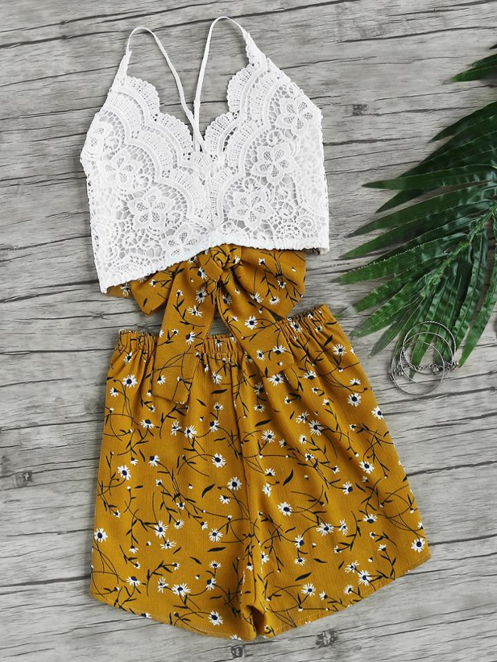 Shein Lace Panel Criss Cross Bow Tie Back Cami Top With Florals Shorts