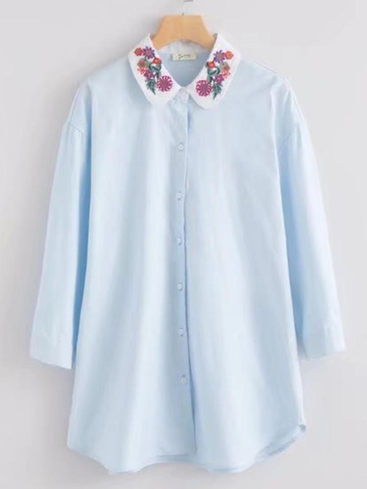 Shein Contrast Embroidery Collar Dolphin Hem Blouse