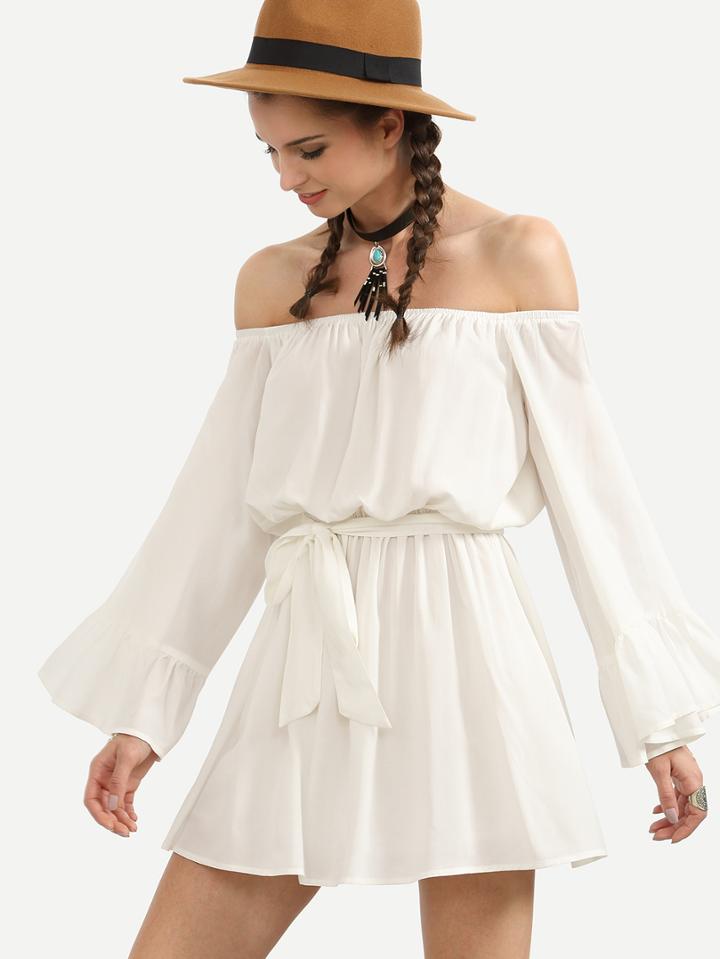 Shein White Tie Waist Off The Shoulder Bell Sleeve Dress
