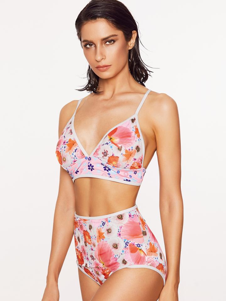Shein Red Floral Contrast Trim Triangle Bikini Set