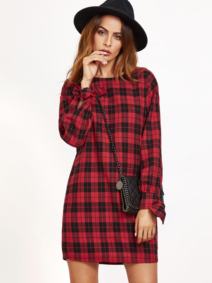 Shein Red Plaid Tie Sleeve Tunic Dress