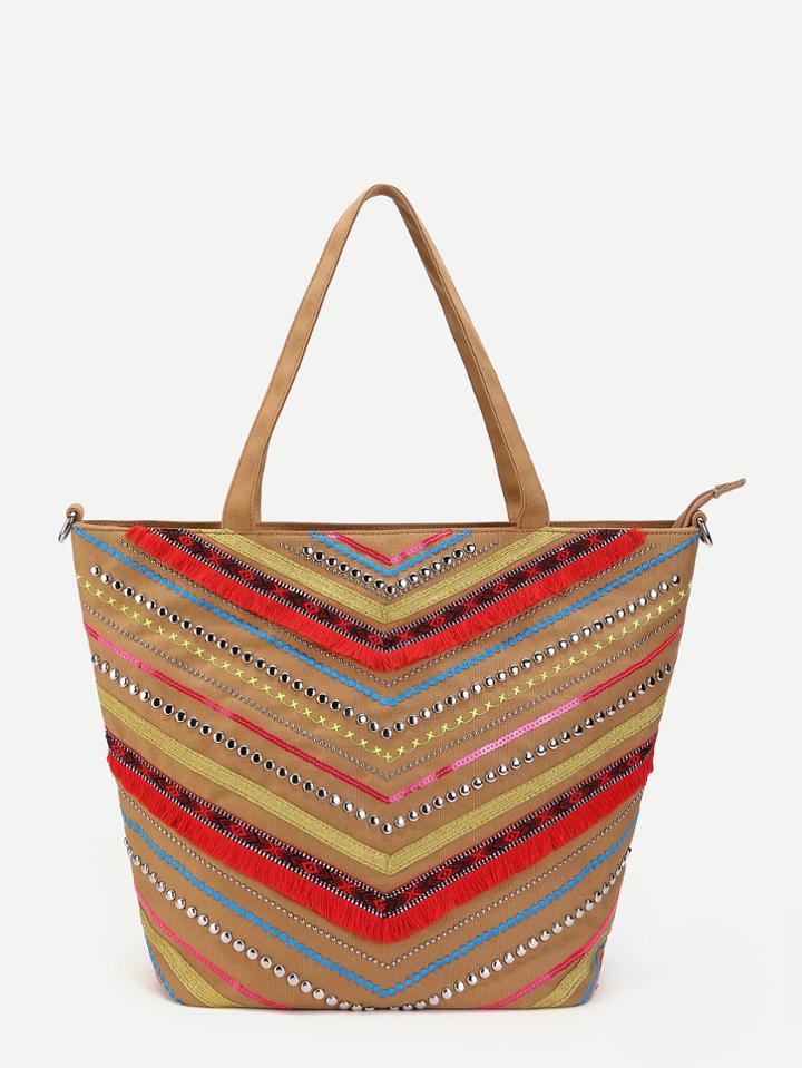 Shein Fringe & Studded Detail Tote Bag