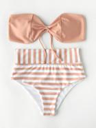 Shein Striped Print Bandeau Bikini Set