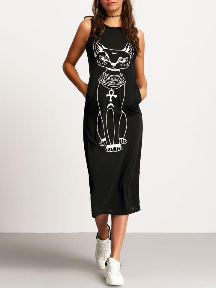 Shein Cat Print Sleeveless Dress