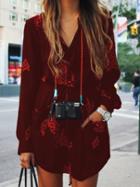 Shein Burgundy Drawstring Waist Floral Dress