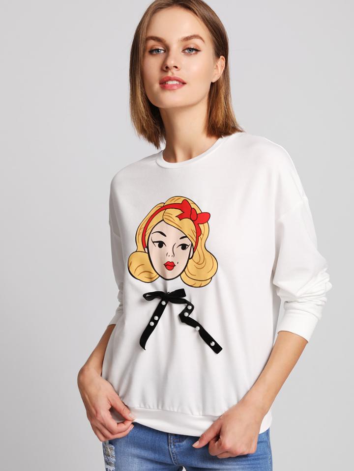 Shein Girl Print Pearl Beading Bow Front Sweatshirt