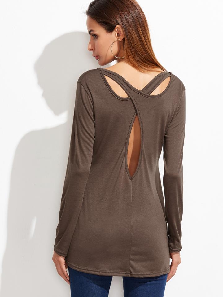 Shein Brown V Neck Criss Cross Back T-shirt