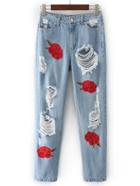 Shein Ripped Detail Rose Embroidery Jeans
