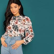 Shein Allover Botanical Pleated Front Keyhole Back Top
