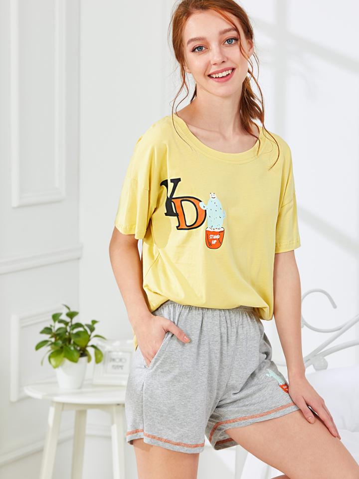 Shein Cactus Print Tee & Shorts Pj Set