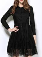 Shein Black Lapel Tie-waist Contrast Gauze Lace Dress