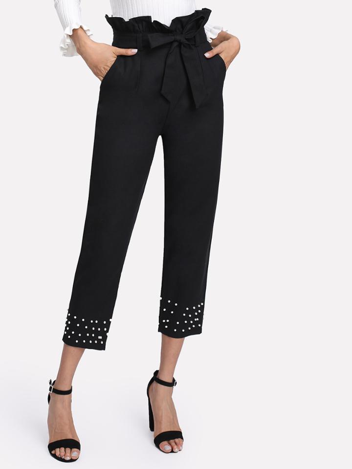 Shein Pearl Beading Frill Waist Pants