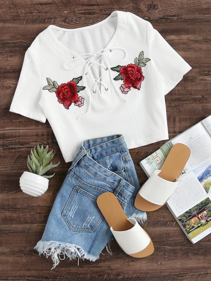 Shein Eyelet Lace Up Patch Detail Rib Knit Crop Tee