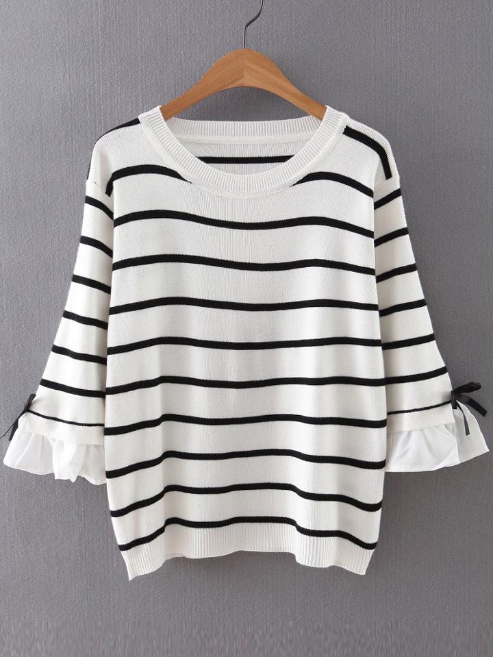 Shein White Striped Ruffle Sleeve Sweater With Bow Tie
