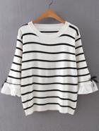Shein White Striped Ruffle Sleeve Sweater With Bow Tie