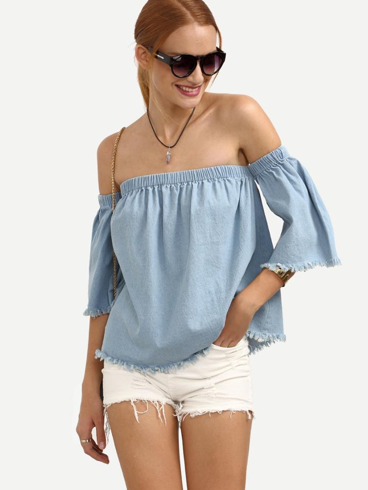 Shein Blue Off The Shoulder Raw Trim Blouse