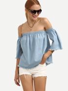 Shein Blue Off The Shoulder Raw Trim Blouse
