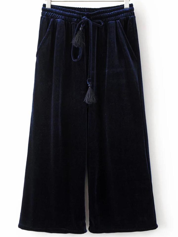 Shein Navy Drawstring Waist Velvet Wide Leg Pants