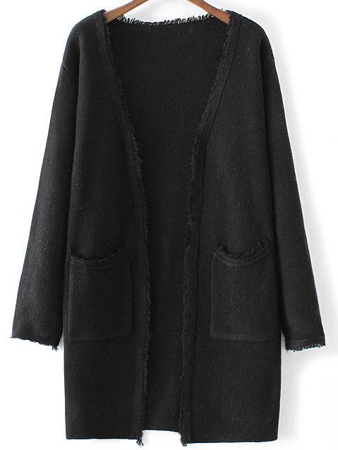 Shein Black Collarless Frayed Cardigan With Pockets