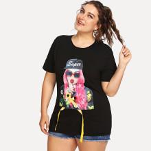 Shein Plus Figure Print Lace Up Tee