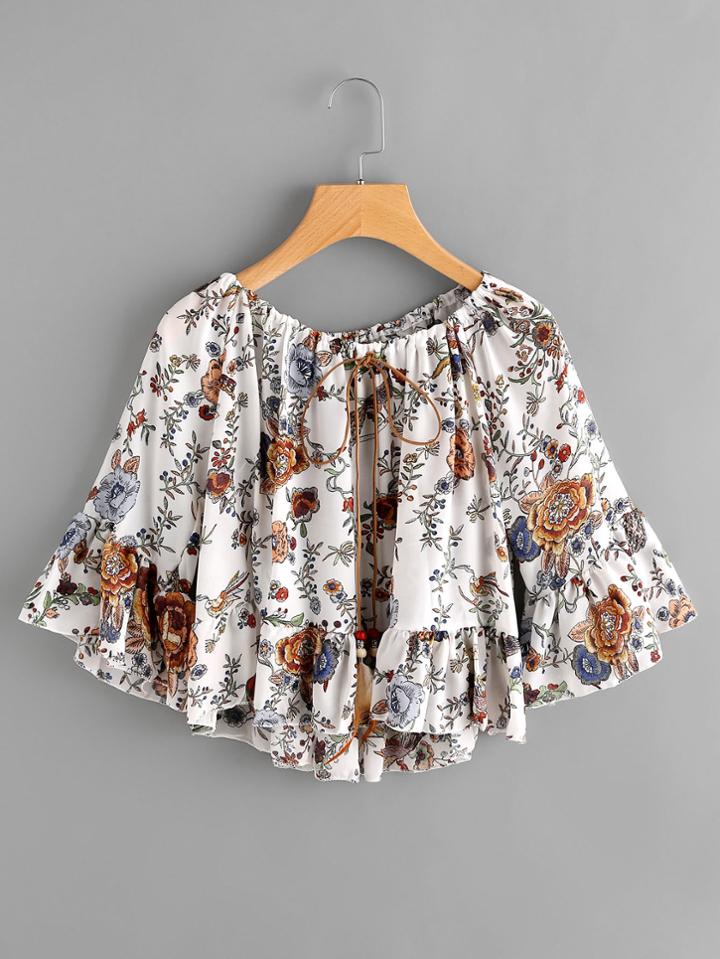 Shein Random Florals Frill Hem Feather Detail Top