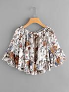 Shein Random Florals Frill Hem Feather Detail Top