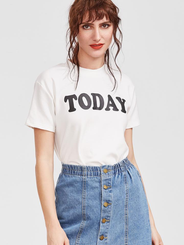 Shein White Crew Neck Letter Print T-shirt