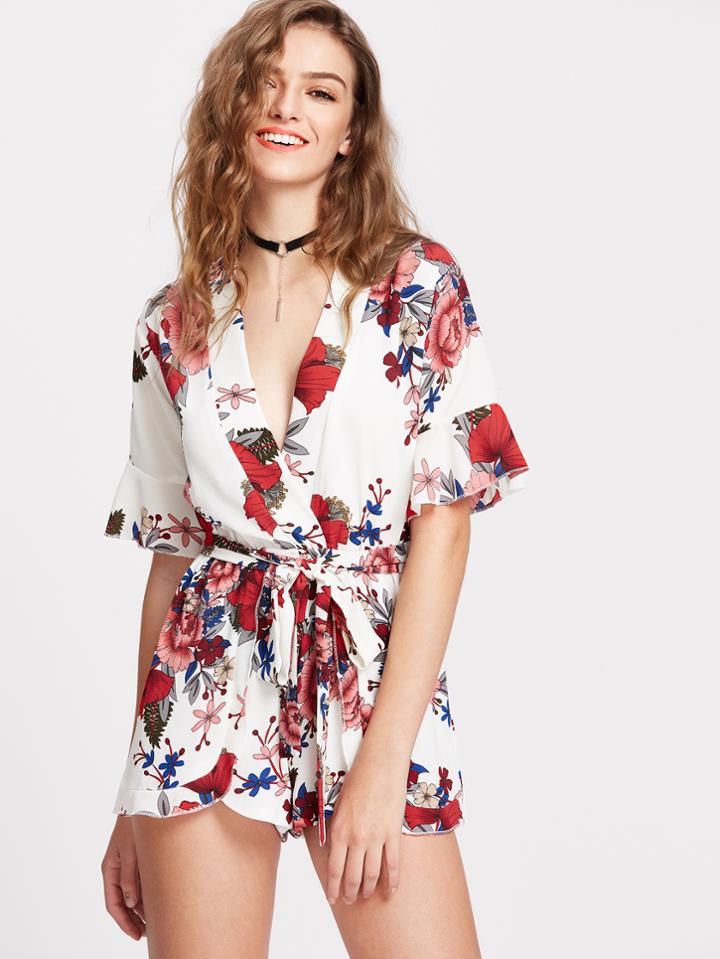 Shein White Floral Print Deep V Neck Romper With Self Tie