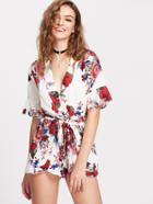 Shein White Floral Print Deep V Neck Romper With Self Tie