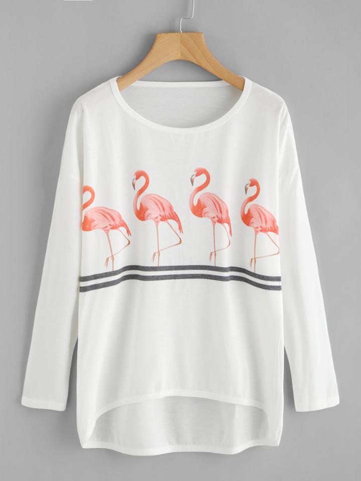 Shein Flamingo Print Drop Shoulder Dip Hem Tee