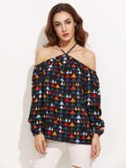 Shein Geometric Print Cold Shoulder Cross Back Blouse