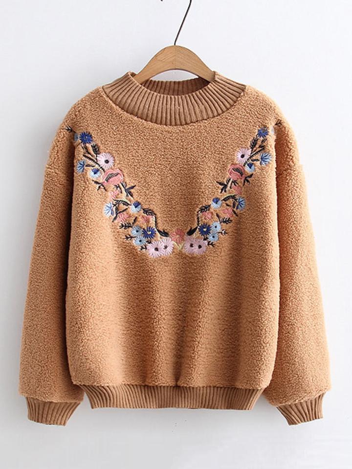 Shein Rib Trim Embroidery Lambswool Sweatshirt
