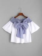 Shein White Contrast Striped Bow Tie Shirred Top