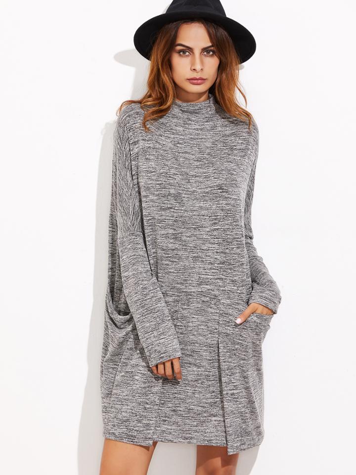 Shein Grey Marled Knit Pocket Front Pleated Dress
