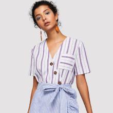 Shein Pocket Front Asymmetric Placket Blouse