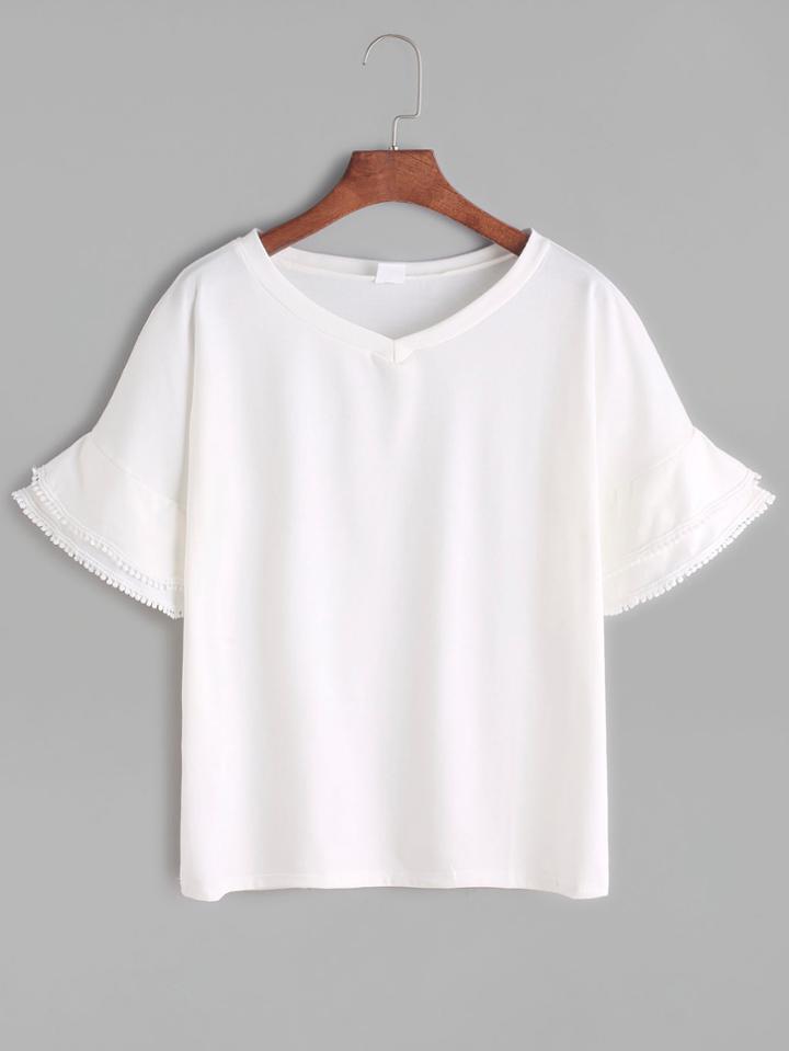 Shein V Neckline Tiered Bell Sleeve Crochet Trim T-shirt