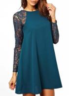 Rosewe Blue Long Sleeve A Line Round Neck Dress