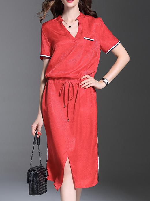 Shein Red V Neck Drawstring Sheath Dress