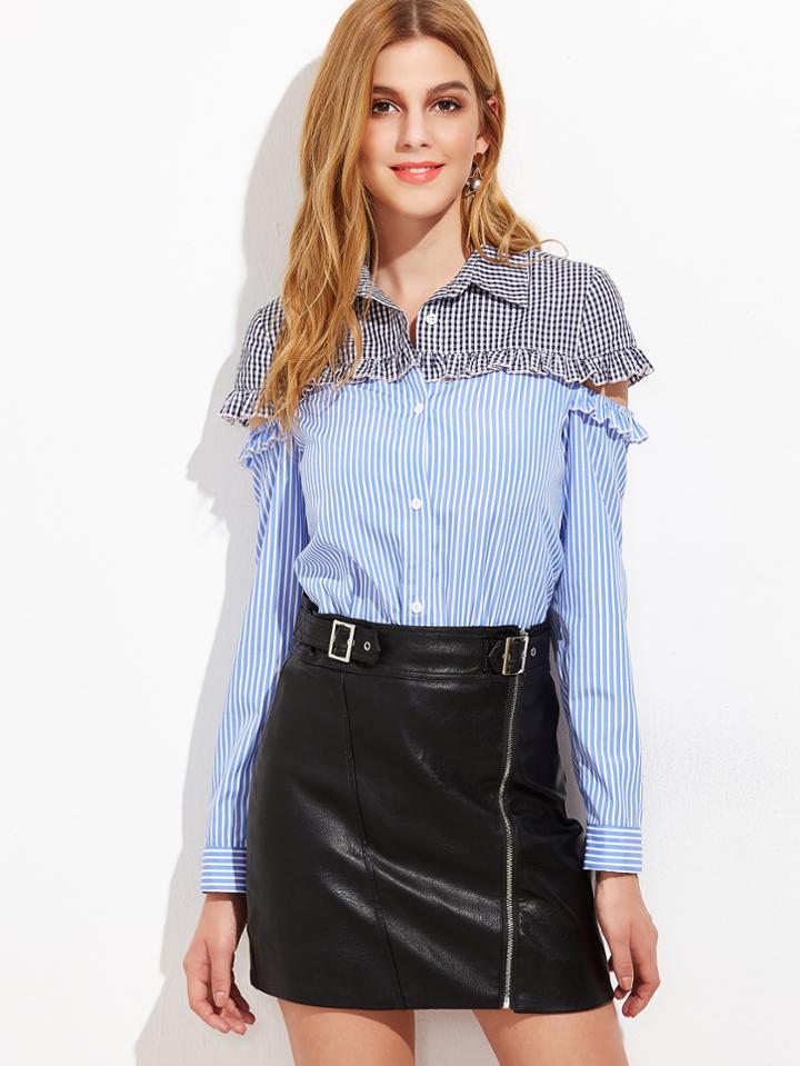 Shein Blue Striped Contrast Gingham Yoke Cutout Ruffle Blouse