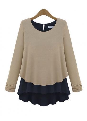 Rosewe Long Sleeve Chiffon Tees With Khaki And Black Splicing