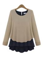 Rosewe Long Sleeve Chiffon Tees With Khaki And Black Splicing